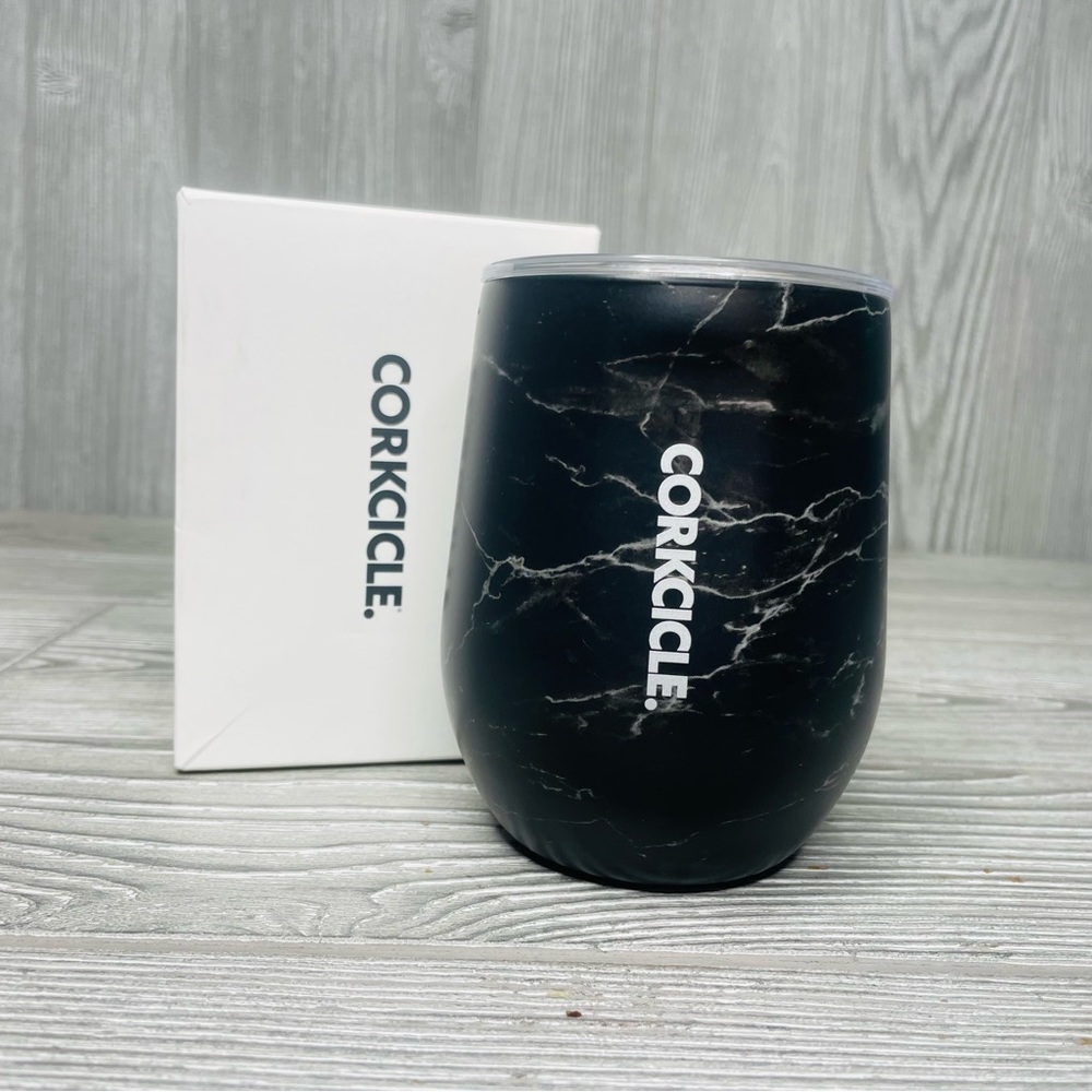 Nwt corkcicle black marbled 12 oz tumbler cup stemless